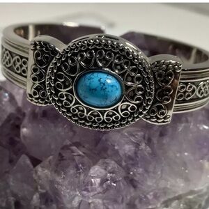 Silver Tone Japan Movements Bracelet Watch Bangle - Faux Turquoise
